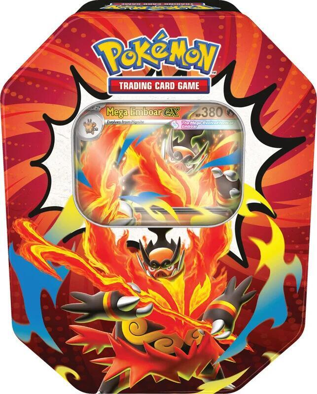 Mega Emboar ex Pokémon TCG Ascended Heroes tin, front view