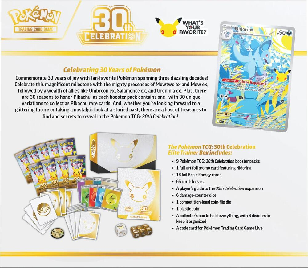 Pokémon TCG 30th Celebration Elite Trainer Box contents including Nidorina promo and nine booster packs